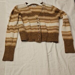 Newbury Kustom Striped Button Front Cardigan Sweater Brown Beige Women L